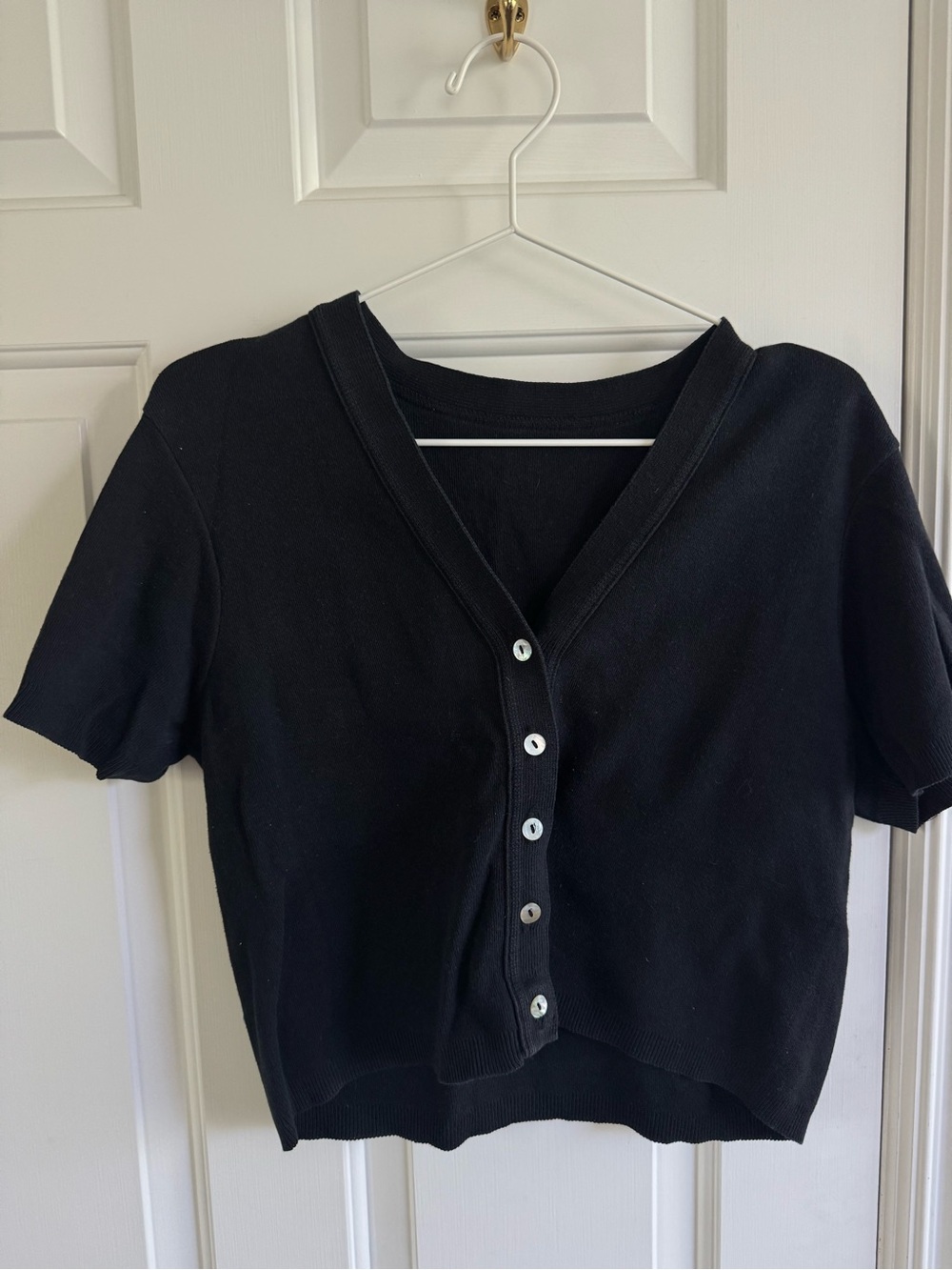 Vintage Black Short-Sleeve Button-Front V-Neck Top